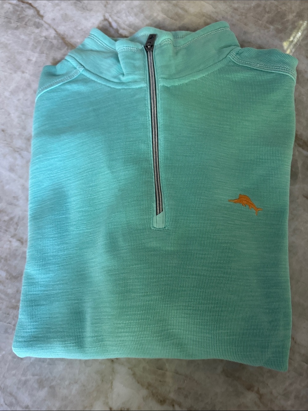 Tommy Bahama Aqua Turquoise Quarter-Zip Sweatshirt with Orange Logo